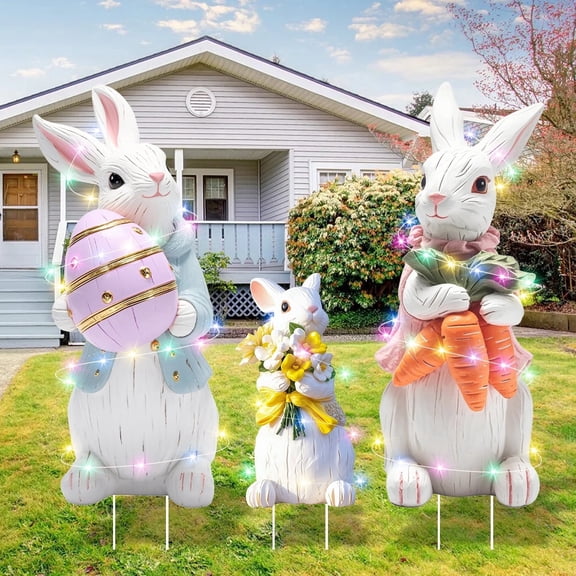 YIBAGA Easter Bunny Yard Signs Extra Large Easter Outdoor Decorations with Stakes with LED Lights 3pcs