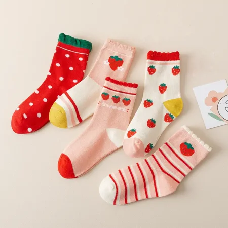 

5pairs Girls Socks Strawberry Striped Sweet Cute Cotton Kids Crew Socks