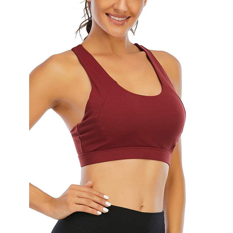 SHCKE Women's Medium Support Sports Bras Cross Back Yoga Bra Wide Hem  Activewear Tops With Removable Cup 