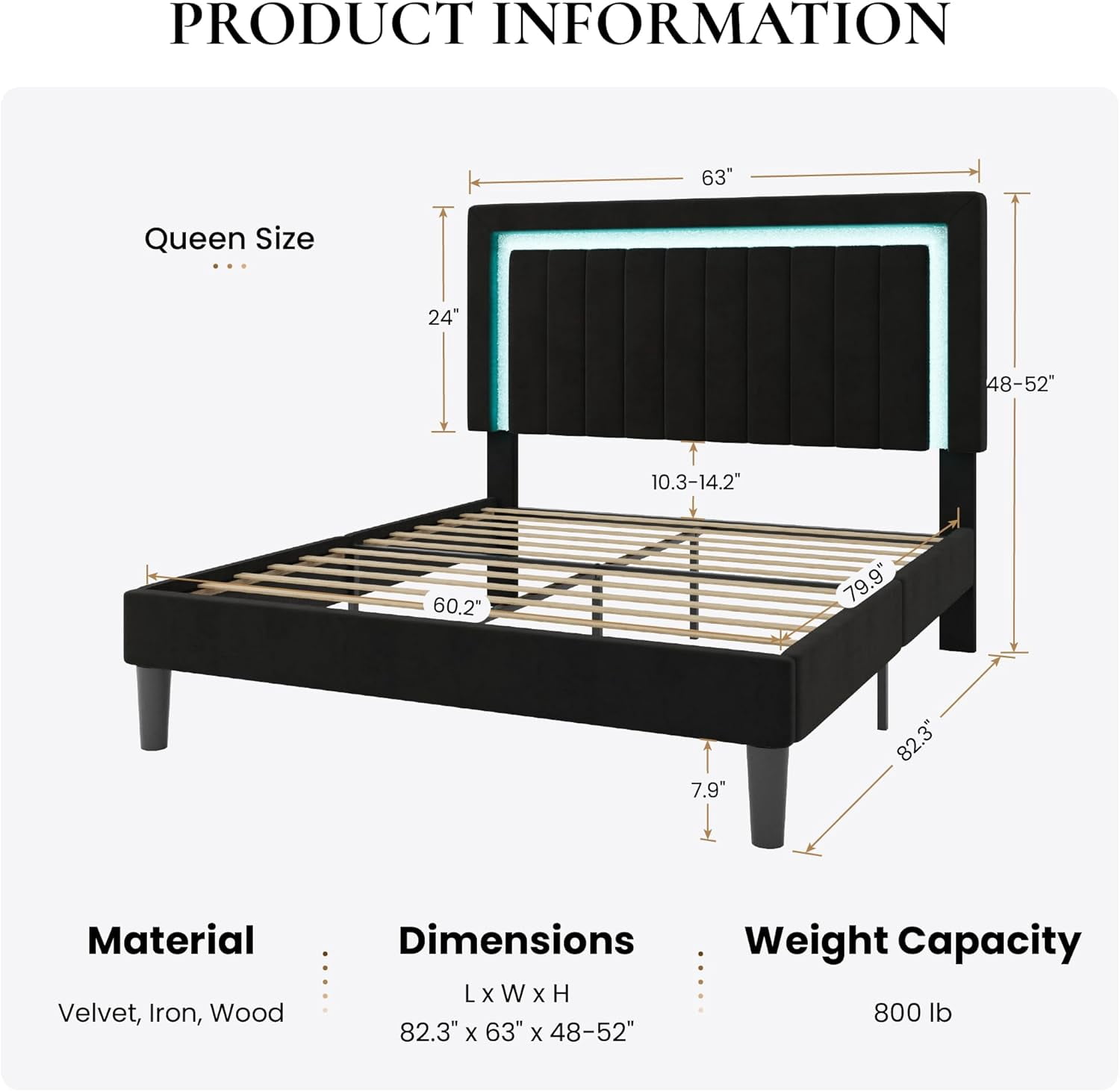 SHA CERLIN Queen Size Velvet Bed Frame with LED Light, Adjustable Vertical Channel Tufted Headboard, Strong Wooden Slats Support, Noise-Free, No Box Spring Needed, Black