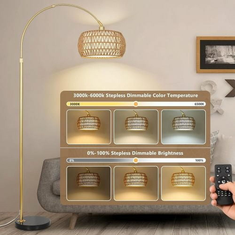 ACE-LIGHTS,Arc Dimmable LED Rattan Boho Floor Lamp with 3 Color Temperature & Remote Control,Standing Lamp,Farmhouse Tall Lamp,Over Couch Arched Reading Light for Living Room,Bedroom,Office(Gold)
