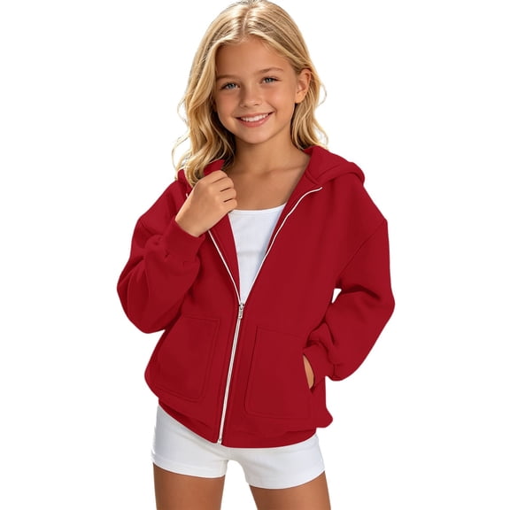 Girls Classic Zip Hoodie, Relaxed Fit Sweatshirt with Pockets, Solid Color Everyday Outerwear