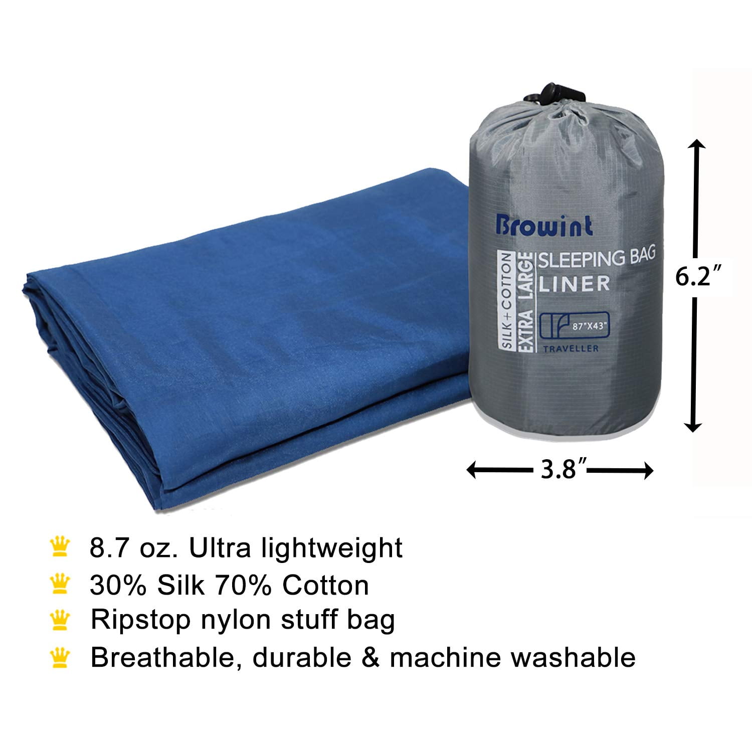 Browint Travel Sheet with Double Zippers Sleeping Bag, Dark Blue