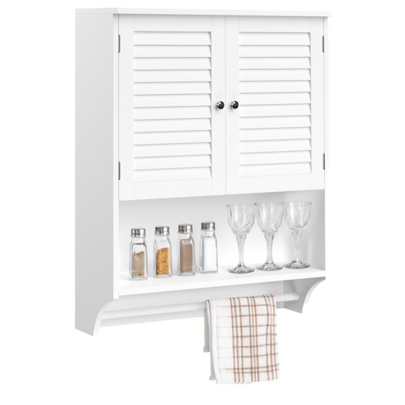 Lavish Home Wall-Mounted Bathroom Organizer with Shutter Doors and Towel Bar, White