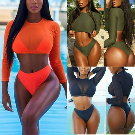 Mesh Bikini Set Women Mesh Long Sleeve High Waist Bikini Set Push Up Swimwear Bra+Bottom+Cover Up Swimsuit ()