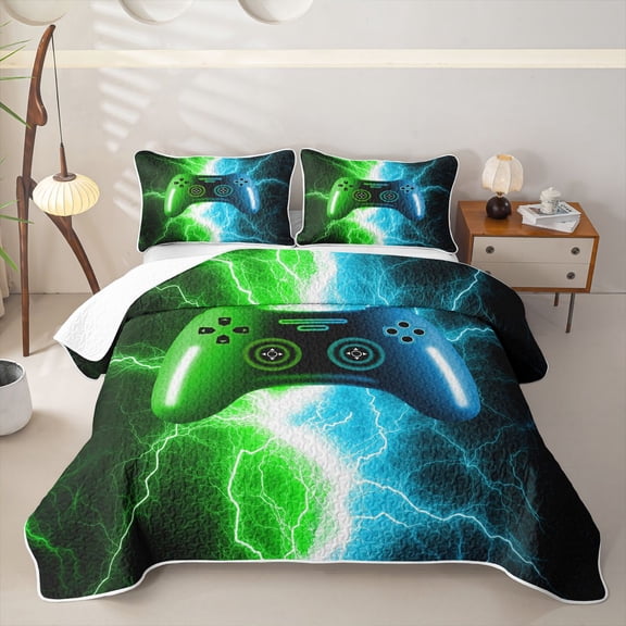 meiyoeat Neon Lightning Gamer Twin Quilt Set for Teens Boys, Electric Green Blue Gaming Twin Coverlet Set, 2 Pieces 1 Bedspread and 1 Pillowcase