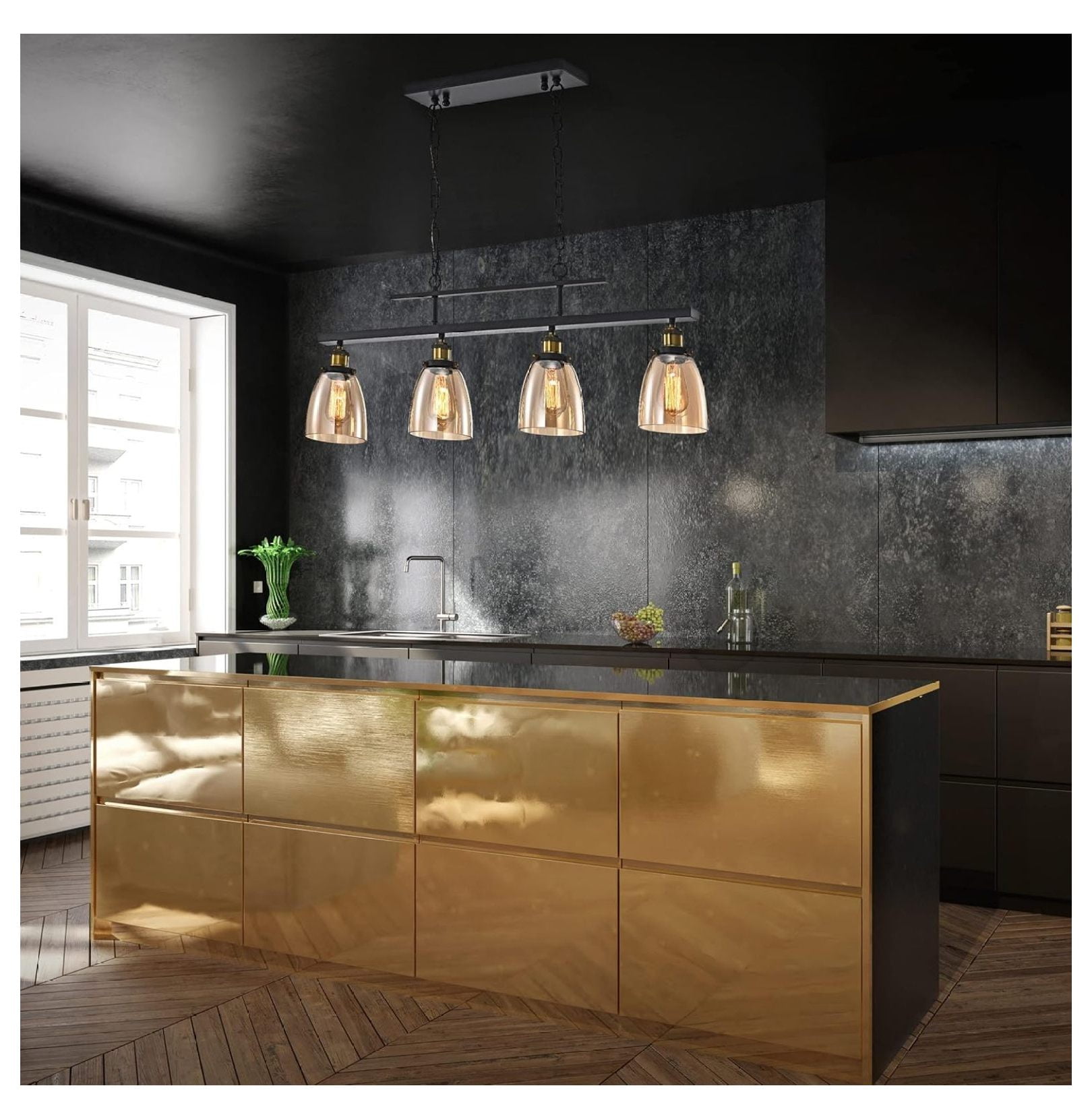Industrial Chandelier with Amber Glass Shades, Downlight Antique Black Ceiling Light for Kitchen Island, Dining Room, and Pool Table