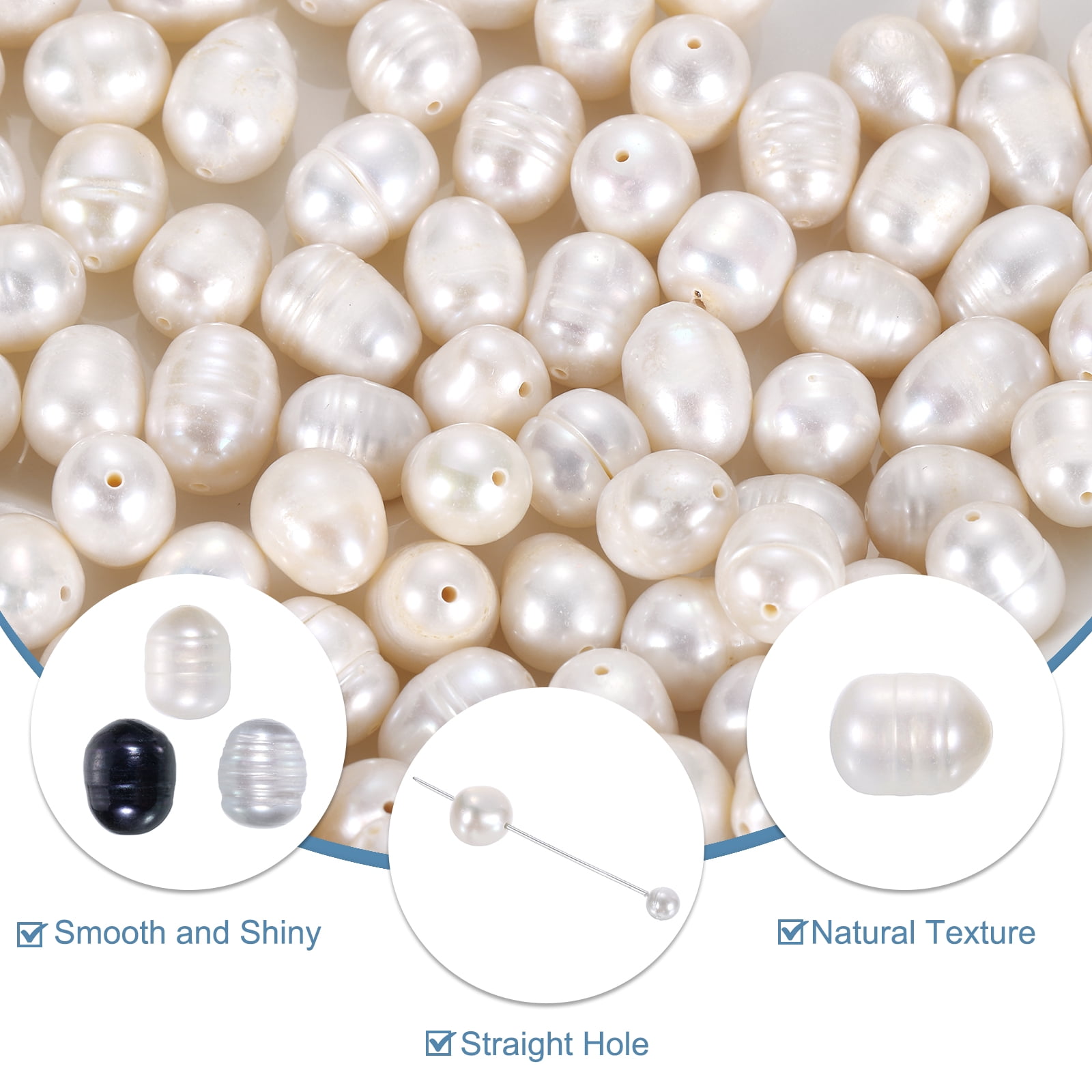 Uxcell 100 Pcs Natural Freshwater Pearl Beads, 8-9mm Oval Rice Shape Loose Gemstone Pearls 0.8mm Hole for Leather Cord Beading Jewelry Making DIY Craft, White