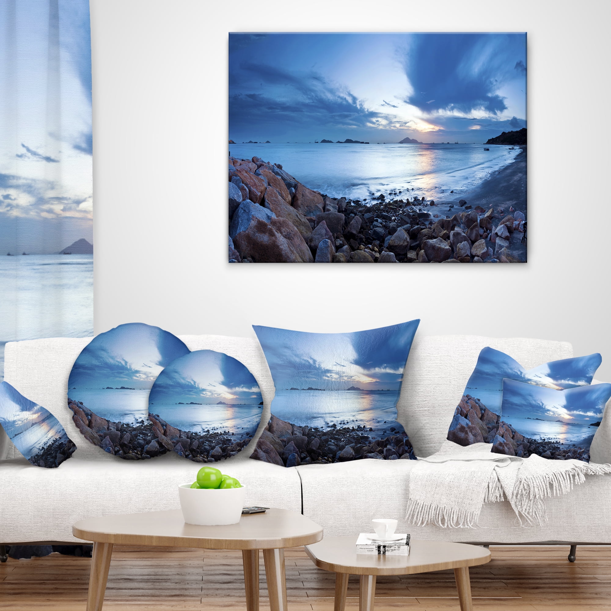 Designart Blue Sea Sunset on Sandy Coastline - Seashore Throw Pillow - 16x16