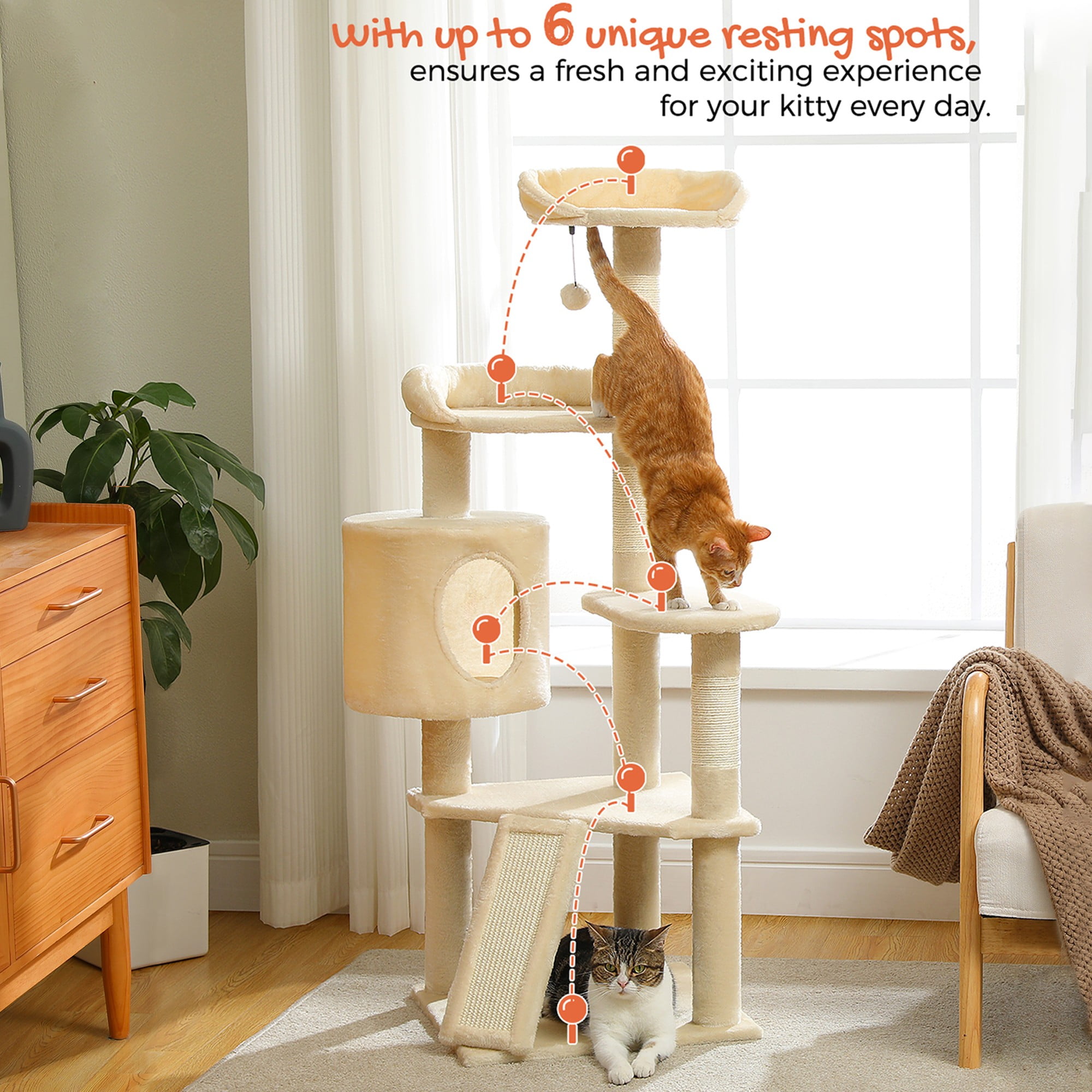 resenkos 51" Cat Tree Tower for Indoor Cats with Scratching Board, 2 Perches, Multi-Level Cat Condo Furniture for Small and Medium Kittens, Beige