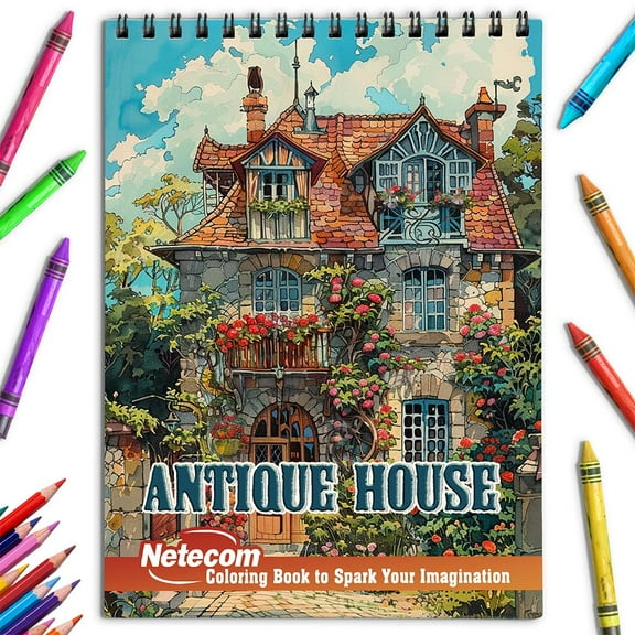 Netecom Antique House Coloring Book for Adults, Spiral Bound, Soft Cover