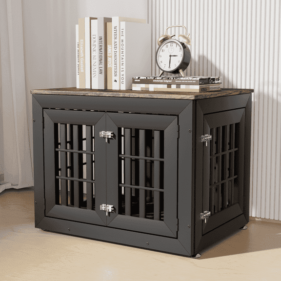 Snuowu 32" Heavy Duty Dog Crate Furniture for Small,Medium and Large Dogs,Rustic Wooden Dog Cage Kennel Indoor Furniture with Waterproof Top,Decorative Pet House Side End Table (Black & Wood)