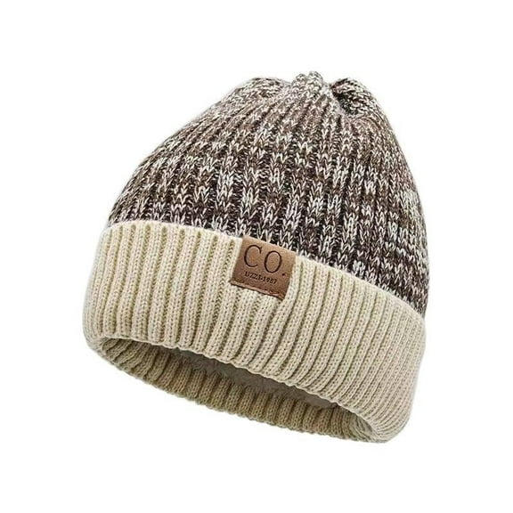 Neutral Style Two-tone Warm Knitted Hat with Fleece Lining Winter Knitted Beanie Cap Brimless Small Beanie