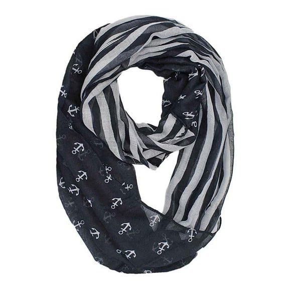 Black & Gray Striped Anchor Print Lightweight Circle Scarf
