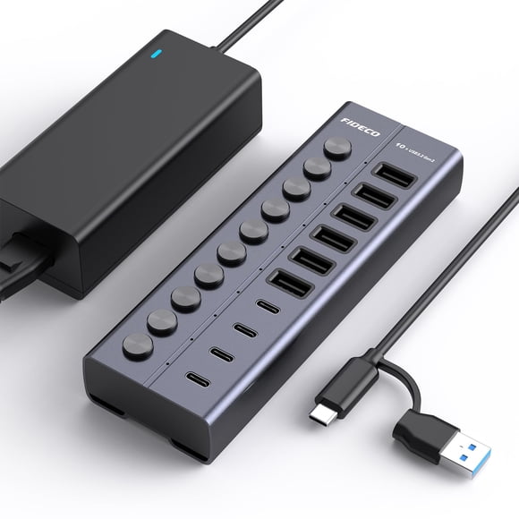 FIDECO 60W Powered USB Hub for Laptop and PC, 10-Port 10Gbps USB Splitter with 12V 5A Power Adapter, Aluminum USB 3.2 Gen 2 Multiport Adapter, 6 USB-