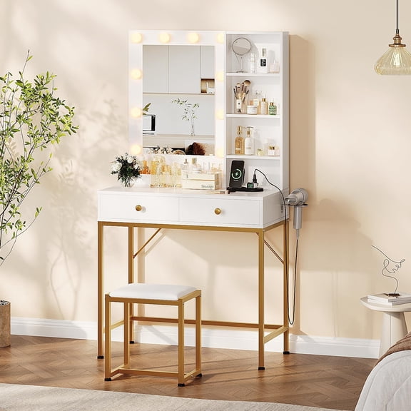 TROPOW Vanity Desk with Mirror and Lights, Makeup Vanity with 2 Large Drawers and 3 Open Shelves, 3 Lighting Modes Brightness Adjustable, Bedroom