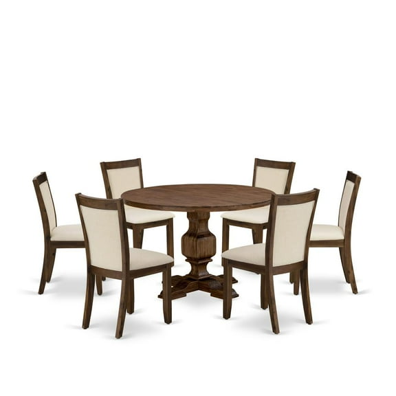 I3MZ7-NN-32 - Table and 6 Light Beige Linen Fabric Chairs - Antique Walnut Base
