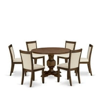 I3MZ7-NN-32 - Table and 6 Light Beige Linen Fabric Chairs - Antique Walnut Base
