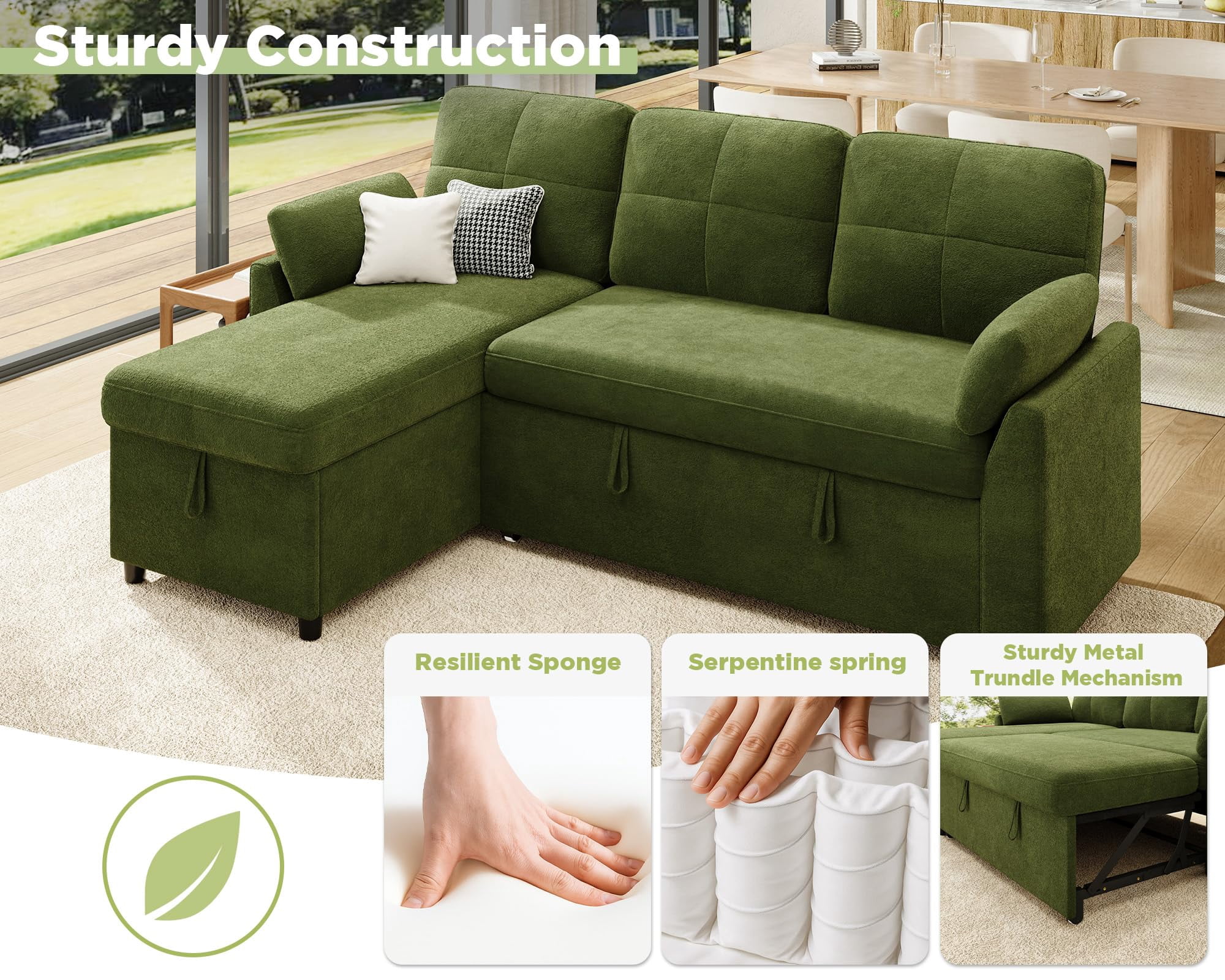 Merluxy 83.5'' Sectiona Sofa Bed with Storage - Green Sleeper Couch for Living Room, Linen