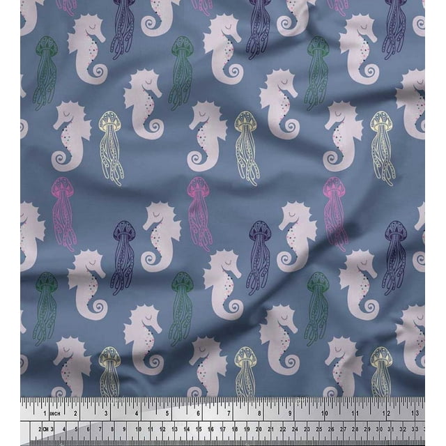 Soimoi Poly Crepe Fabric Jellyfish & Seahorse Ocean Printed Fabric 1 Yard 52 Inch Wide
