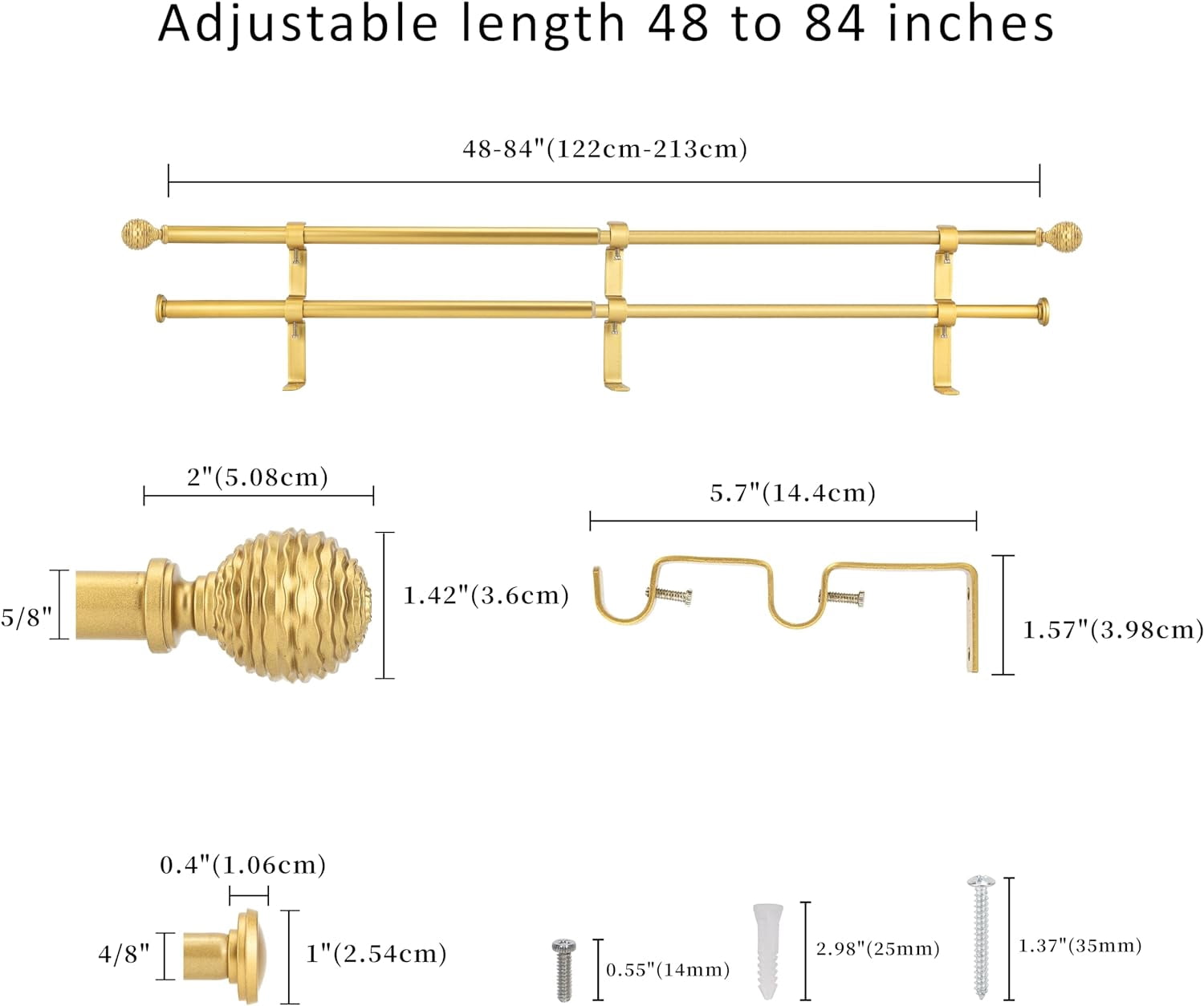 eTeckram 5/8" Double Curtain Rod with Boule Finials,Gold,48‘’-84‘’