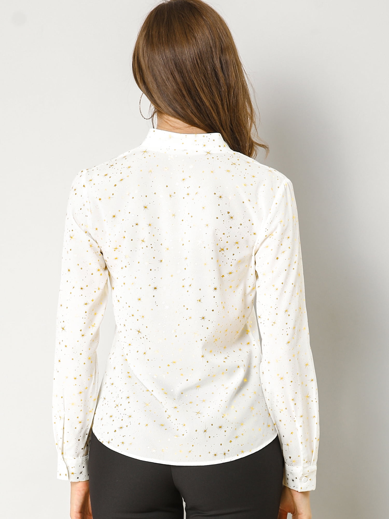 DARING DIVA Stand Collar Metallic Dots Stars Blouse Top S White