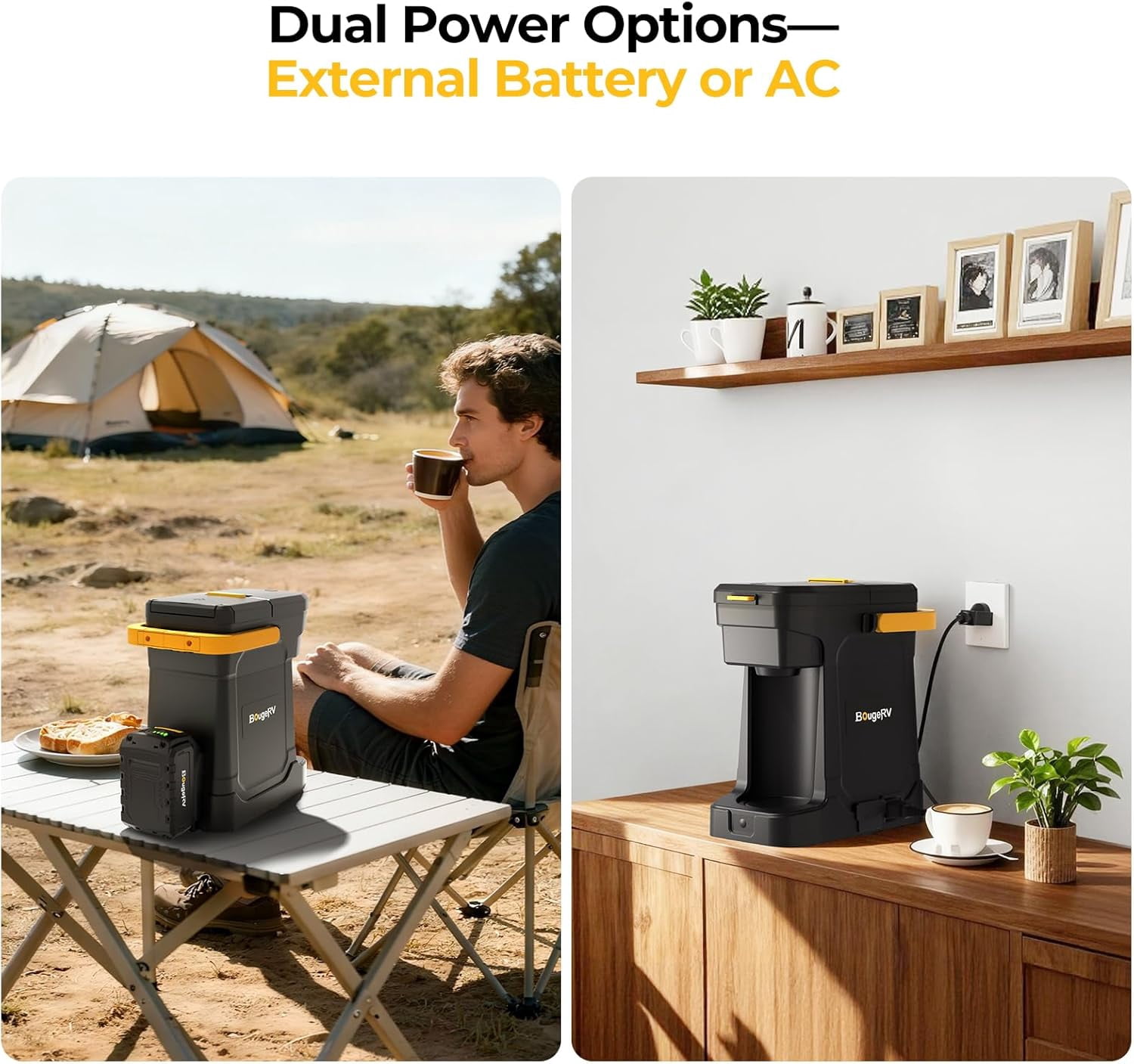 BougeRV Coffee Machine w/ 18V 8Ah Battery Powered Compatible with K Cup Coffee Pods & Ground Cordless Coffee Maker for Travel Camping Outdoor Worker Home