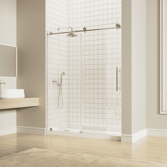 KOSMONIA Frameless Sliding Shower Door 58-60" W x 74" H,Bathroom Sliding Door with 5/16" (8mm) Clear Tempered Glass, Glass Shower Door Seal Strip, Stainless Steel, Color Silver