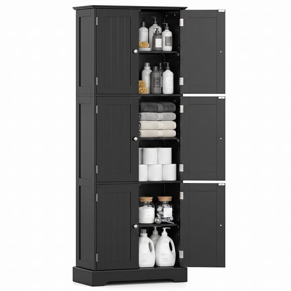 Gymax Tall Bathroom Storage Cabinet w/ 6 Doors Adjustable Shelves for Kitchen Black