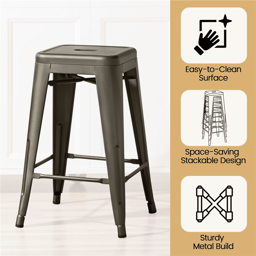 Alden Design Metal 24" Counter Height Stackable Backless Kitchen Bar Stools, Set of 4, Metal