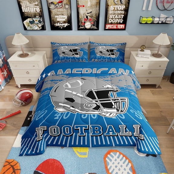 Erosebridal Football Comforter Set Full Size Rugby Bedding Set Ball Games Sport Arena Blue Gray Comforter Sports Theme Quilt Set