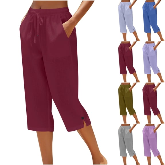 Womens Buttoned Split Hem Cotton Linen Capri Pants Elastic Waist Drawstring Loose Fit Cropped Trousers Casual Pants , #03 Wine, M