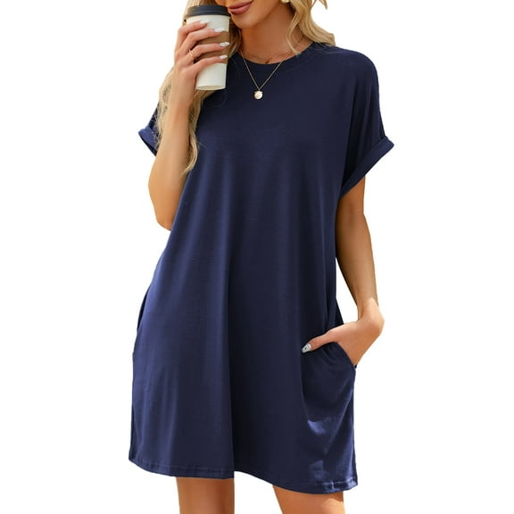 QINCAO Womens Dress Summer Casual Roll Up Sleeves T Shirt Dress Solid Color Round Neck Mini Dress With Side Pockets S-2XL