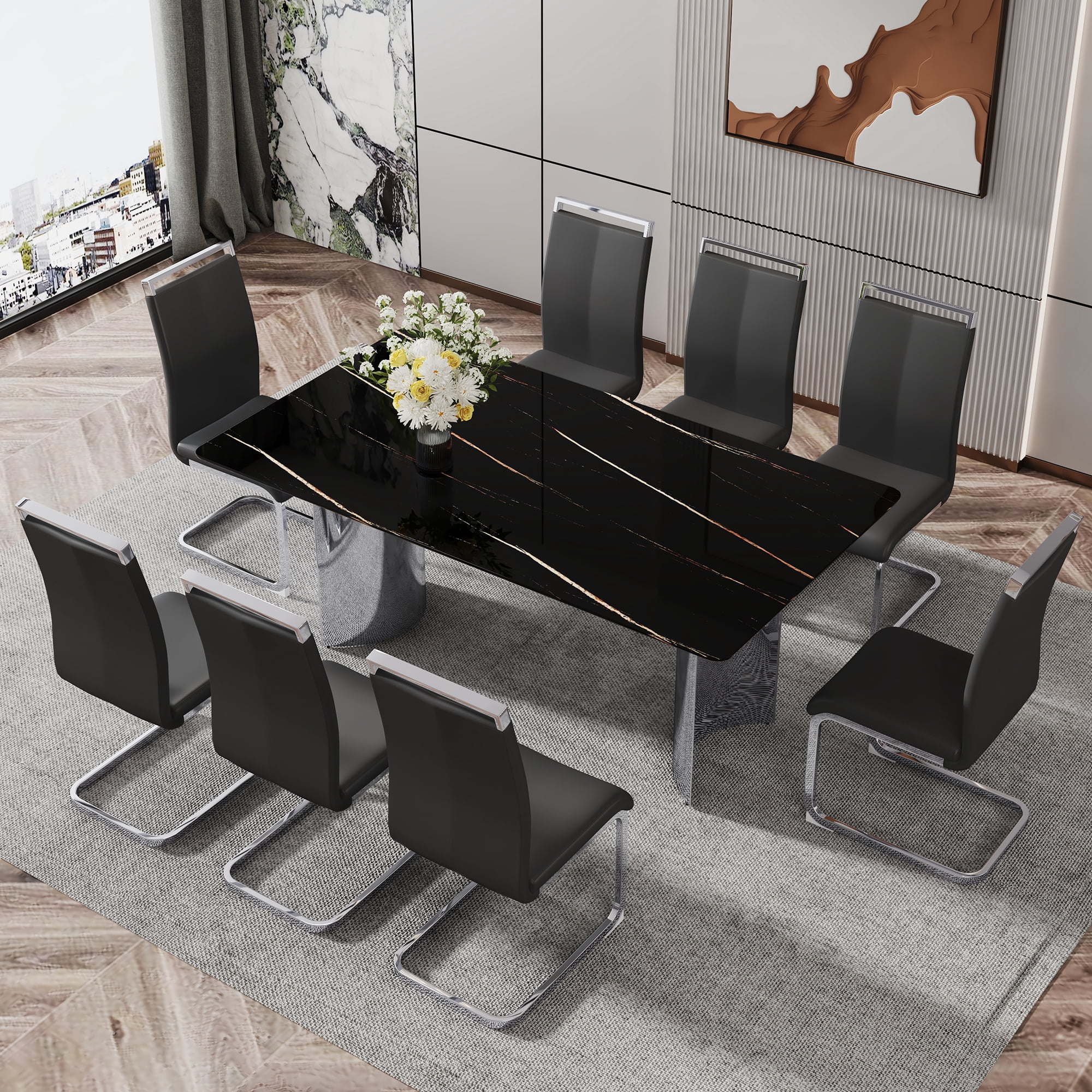 TesNus 71" Modern Marble Dining Table, Black Faux Marble Rectangle Table with Chrome Plated Metal Legs for Dining Room and Kitchen