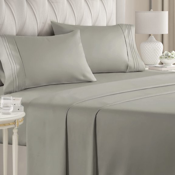 CGK Linens 4-Piece Ultra Soft & Comfy Hotel Luxury Sheet Set - Queen Size Cooling Bed Sheet Fits 8"-16" Mattresses, Light Grey