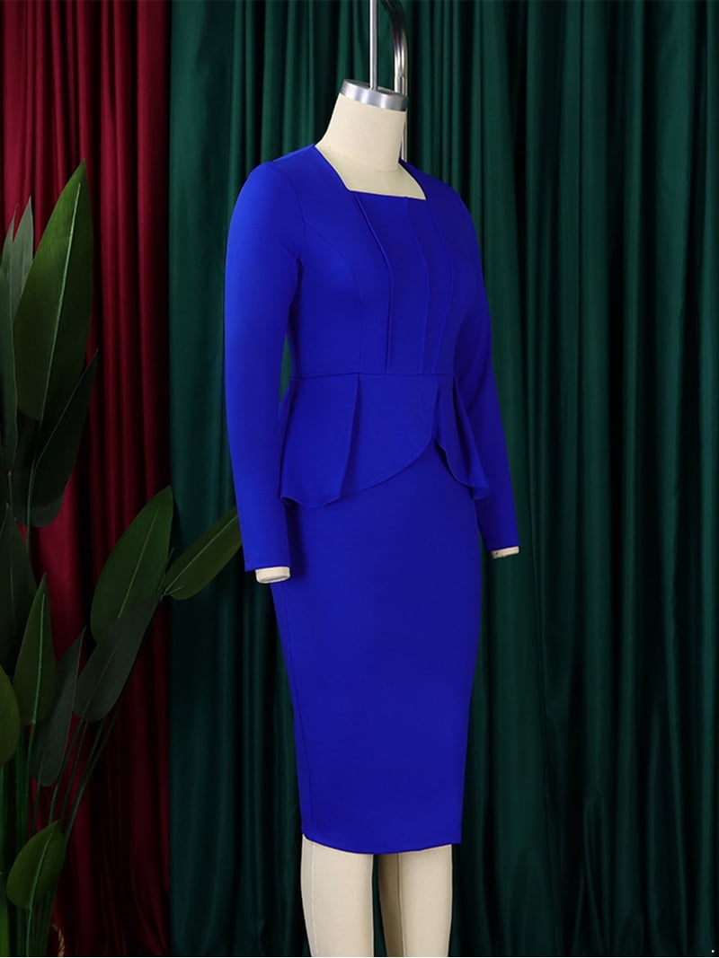 Zaldita Women's Long Sleeve Cocktail Party Dress Ruffled Peplum Bodycon  Work Office Pencil Midi Dress Royal Blue L