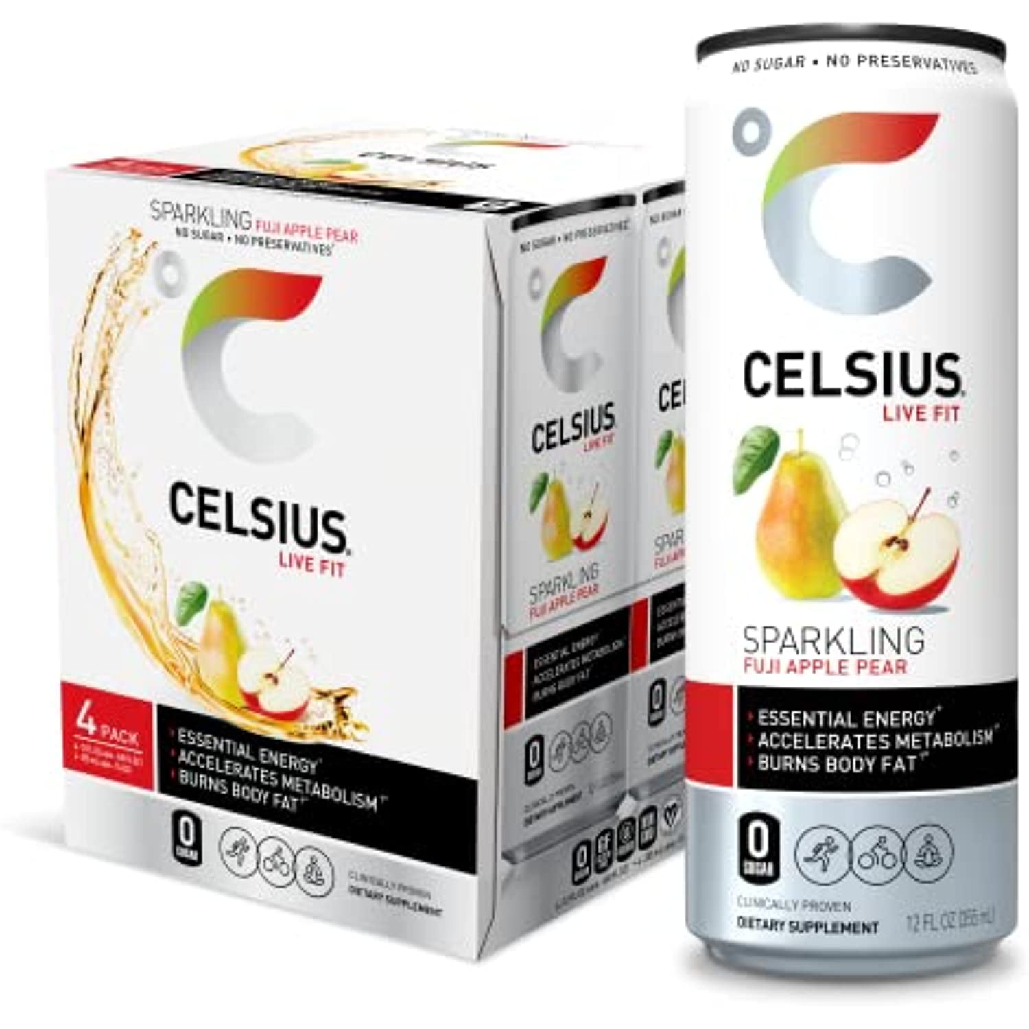Celsius Essential Energy Drink 12 Fl Oz, Sparkling Fuji Apple Pear