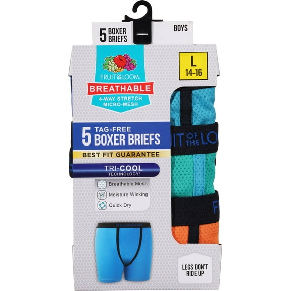 Fruit of the Loom Boys' Breathable 2.0 Boxer Briefs, 5- Pack, Sizes S-XL
