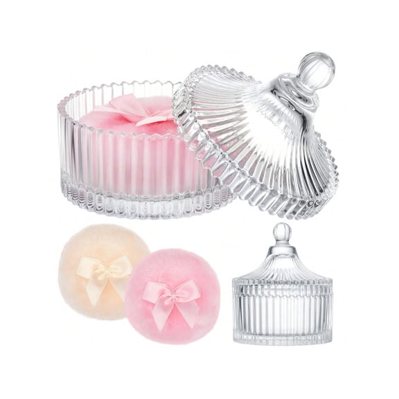 Clear Ribbed Glass Vanity Jar With Lid Fluffy Powder Puffs Luxury Victorian Style Container For Makeup Trinkets Elegant Decorative Box For Bathroom