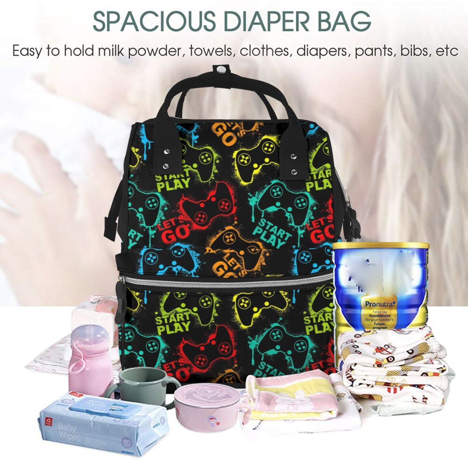 Ratiio Play Game Start Mummy Backpack - Waterproof Twill Canvas, Large Capacity Diaper Bag with Multiple Pockets and Adjustable Straps