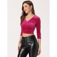 thumbnail image 3 of Blusa de terciopelo con cuello En V Allegra K para mujer Rosa Caliente S, 3 of 6