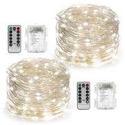 2 Pack 100 LED 33ft Battery Operated Fairy String Lights with Remote, Waterproof 8 Modes Silver Wire Firefly Lights for Wedding Christmas Party Bedroom Indoor Outdoor Decor (Cool White)