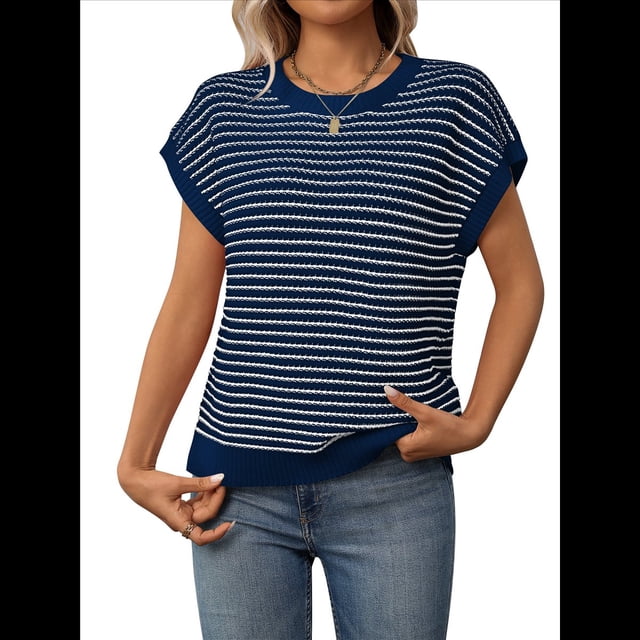 Suéter Casual de Rayas con Mangas y Bloques de Color Azul, Talla L