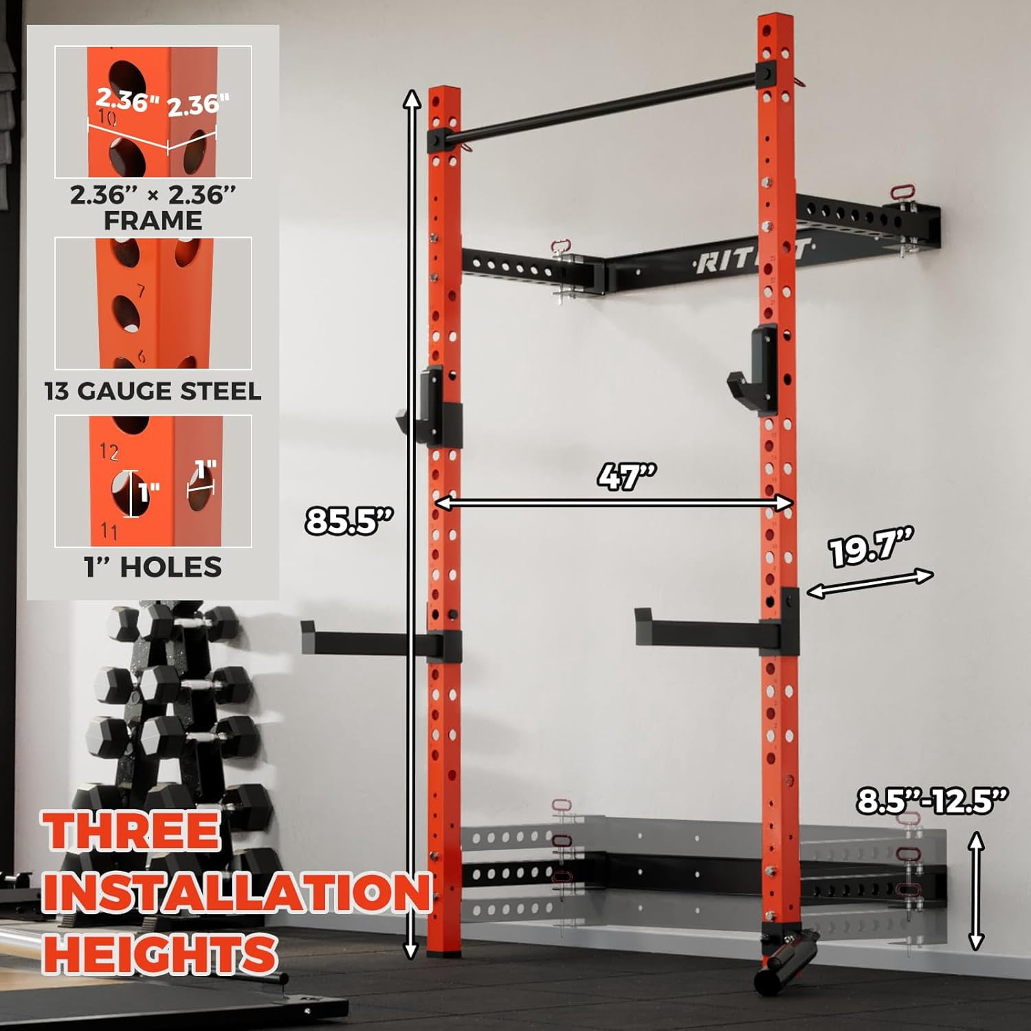 RitFit Multi-Functional Folding Squat Power Rack for Home Gym, 2.36'' x 2.36'' Wall Mounted Squat Rack with Attachments - Space Saving, Orange