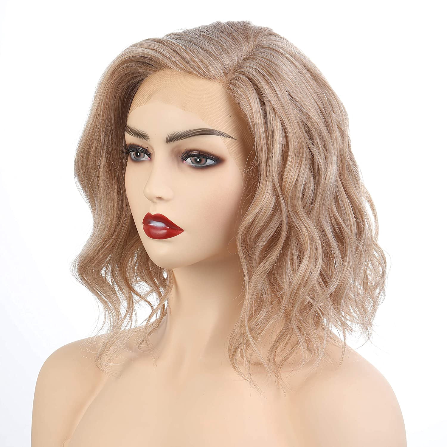Onedor Side Part Blonde Blended Lace Front Short Wavy Hair Bob Wigs for Womens (M266)