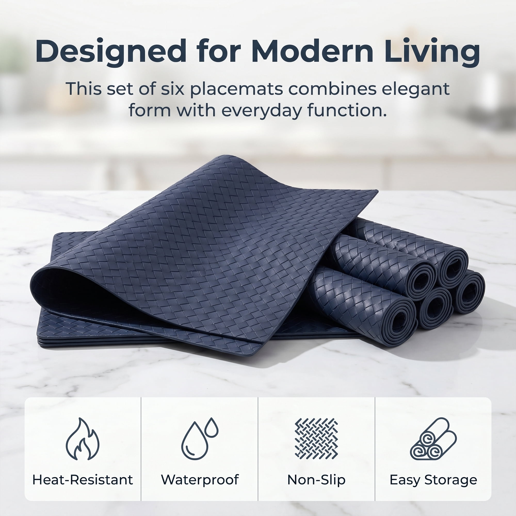 Unique Bargains Set of 6 Leather Placemats for Kitchen Dark Blue 17*12in