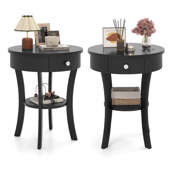 2 PCS 2-tier Side End Sofa Table Compact Round Nightstand Bedroom Living Room Black