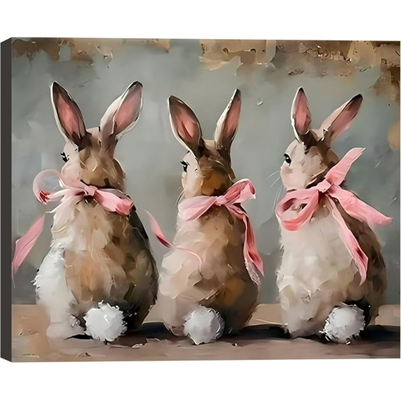Aaheei Rabbit Canvas Wall Art Decoration Easter Bunny with Pink Bow Painting Print Wall Decor Animal Posters for Baby Room Canvas Picture Artwork for Bedroom Bathroom Home Decor