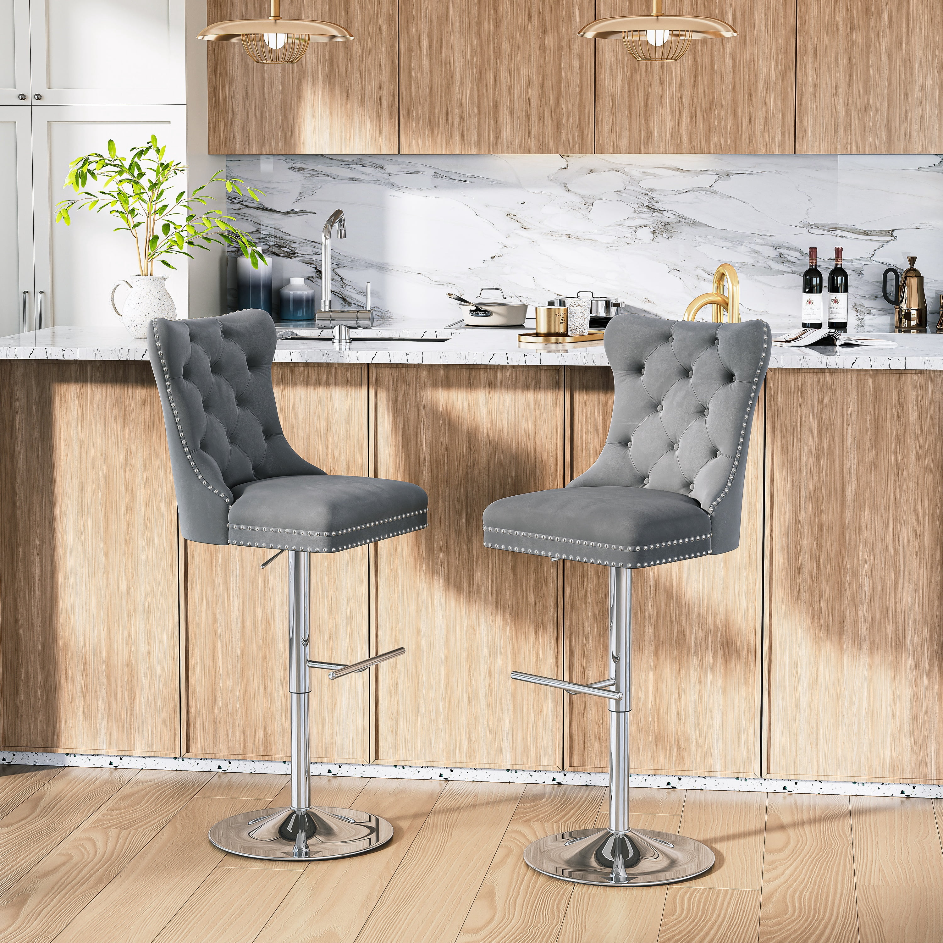 Modern Velvet Bar Stools Set of 4 Adjustable Swivel Counter Height Chairs with Upholstered Back and Nailhead Trim for Home Pub Kitchen Island