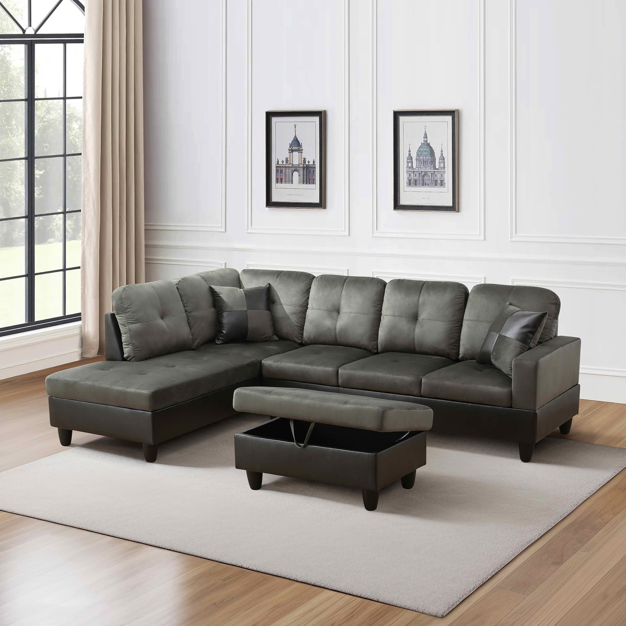 MAYEERTY 103.5" Taupe Flannel & PVC Faux Leather L-Shaped Sectional Sofa, 3 Piece Tufted Corner Couch with Storage Ottoman Solid Wood Frame
